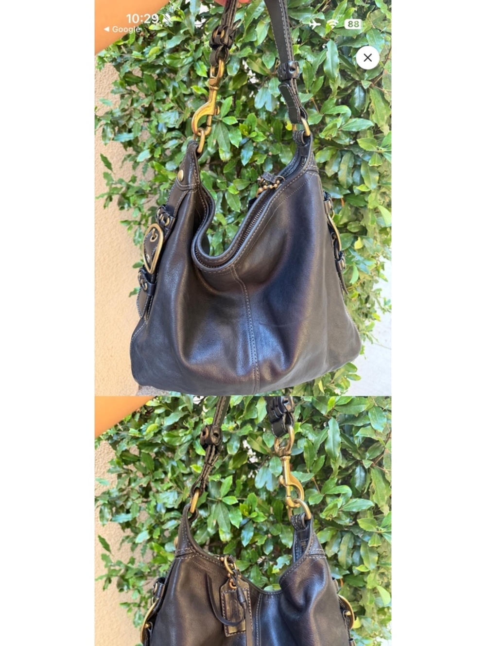 Coach Black Leather Hobo Shoulder Bag with Plaid Interior